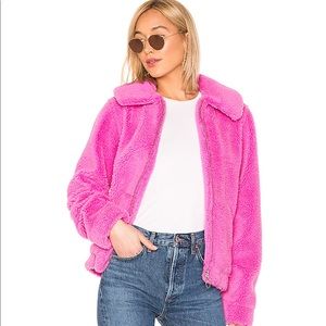 Lovers + friends pink fuzzy bomber